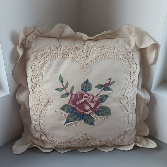The Unbranded Brand Other - Romantic Pillow LINEN Cotton Cutwork Rose Enter Beige Ruffle Prairie Cottagecore